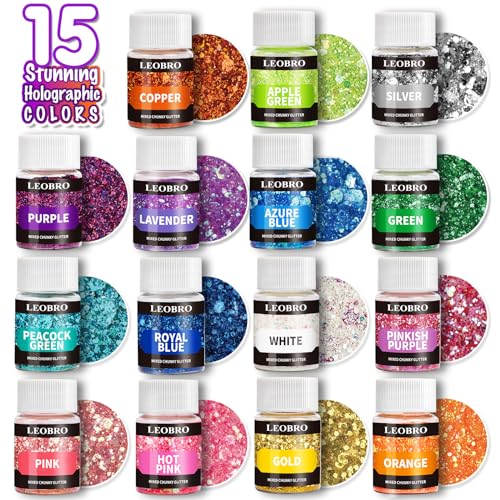 Leobro LL-Z-091 Glitter, Holographic Chunky Glitter, 15 Colors Craft Glitter For Resin, With 5Pcs Mixing Spoon, Glitter For Nail Body thumb #2