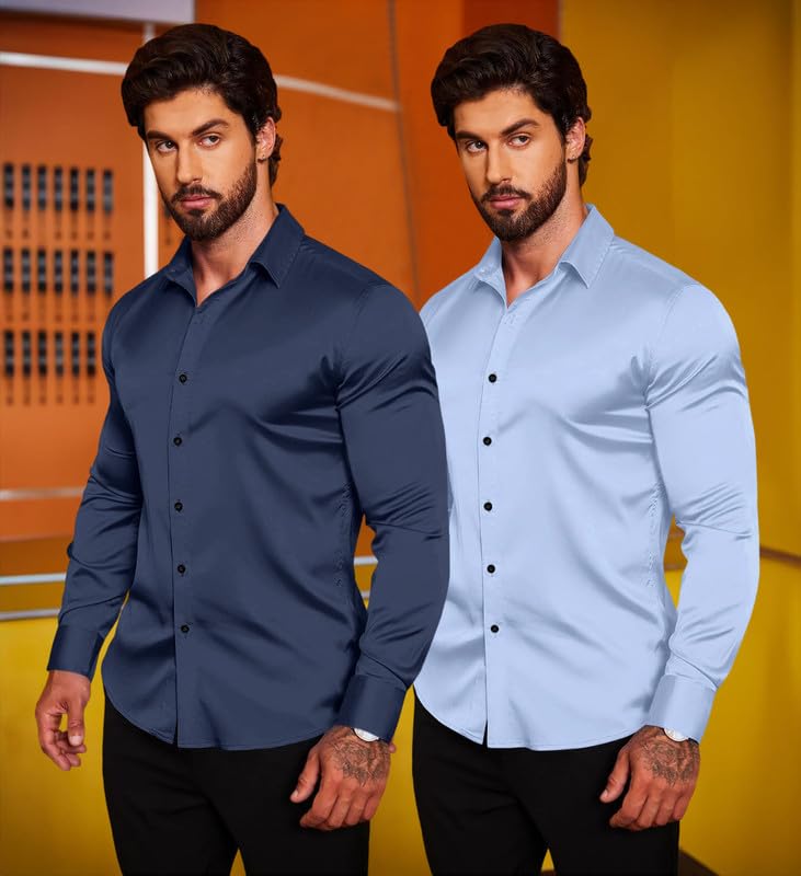 Image of Combo of Men's Premium Satin Cotton Shirt with Full Sleeves & Spread Collar | Smooth Finish | Slim Fit | Stylish Button Down Shirt for Evening, Casual Pack of 2