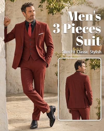 Image of MY'S Men's 3 Piece Suit Set with Tie, One Button Slim Fit Solid Jacket Vest Pants, Prom Party Wedding Business Suits for Men