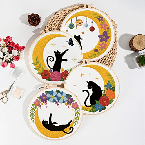 Image of ORIGACH 4 Pack Cat Moon Embroidery Kits for Beginners, DIY Starter Hand Embroidery Kit with Moon Floral Patterns and Instructions