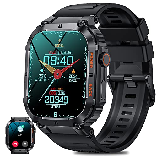 JELLOO Smartwatch Herren mit Telefonfunktion, 1,96“ HD-Display aktivitätstracker Fitness Tracker mit Schlafmonitor blutdruckmessung 20+ Sportmodi Sportuhr fitnessuhr für Android ios (Black)