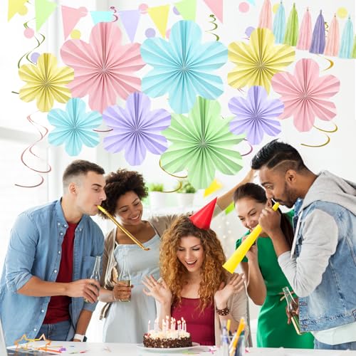 Image of Pastel Rainbow Birthday Party Decorations with Paper Flowers Tassel Garland | Pastel Macaron Rainbow Decor for Classroom Baby Shower for Kids Easter parties Carnival Theme Hanging Supplies