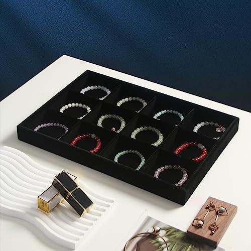 Image of Coward 2PC Black Velvet Stackable 12 Grids Jewelry Organizer Tray Bracelet Display Stand for Selling Velvet Necklace Holder Earring Box Storage (12grid+12grid)