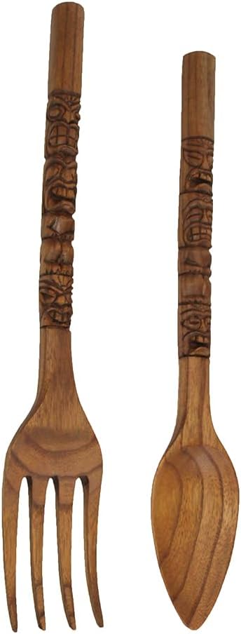 Set of 2 Carved Tiki Design Wooden Spoon & Fork Utensil Wall Sculptures in Brown Wood - Large 24-Inch Decorative Art Pieces, Perfect for Hawaii-Inspired Home Decor