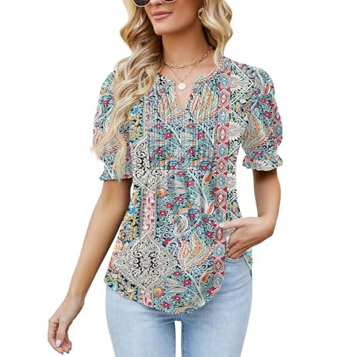Ivicoer Women's Summer Puff Short/Long Sleeve Tops V Neck Pleated Shirts Floral Tunic Blouses Dressy Casual S-XXL A-retro Ethnic Print Medium