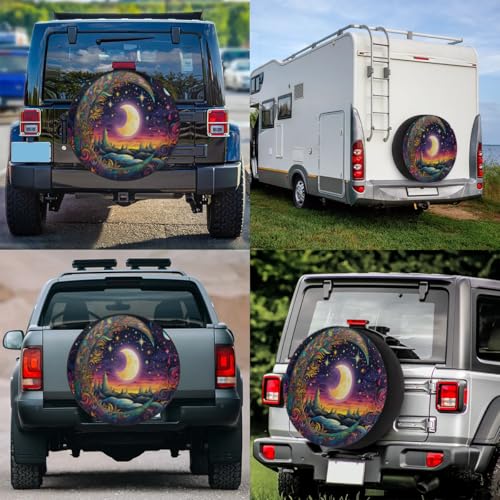 Image of Spare Tire Cover for RV Trailer, Bohemian Moon Tire Covers Universal Fit for Travel Trailer Camper Jeep RV SUV Truck Waterproof Wheel Cover (14 inch for Diameter 25 inch - 27 inch)