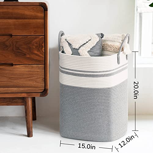 Goodpick Laundry Basket Square Laundry Hamper Tall Dirty Clothes Hampers For Laundry, Living Room, Nursery, Dorm Large Woven Storage Basket For Blankets, Toys, Towels, Yoga Mat Storage, 15"X 20", Grey #TOP4