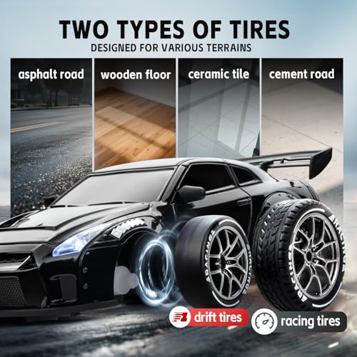 Image of RC Drift Car, Black 1 /24 Remote Control Drift Car for Adults Kids | 4WD 20KM /H High-Speed Widebody Design RC Sports Cars with LED Lights, Extra Tires, Vehicle for Boys Beginner Indoor Outdoor