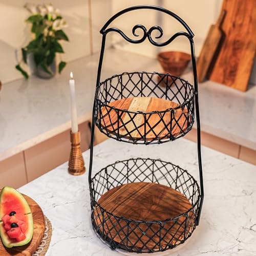 Image of Orbit Basket - Handcrafted Acacia Wood & Metal Storage Basket - Sturdy 2-Tier Organizer for Fruits, Vegetables & Kitchen Essentials