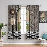 Pcglvie Rideaux Alice au pays des merveilles pour enfants, 160 cm de long, motif « Welcome Wonderland » noir et blanc, motif champignon, pour salon ou chambre à coucher, 106 x 160 cm