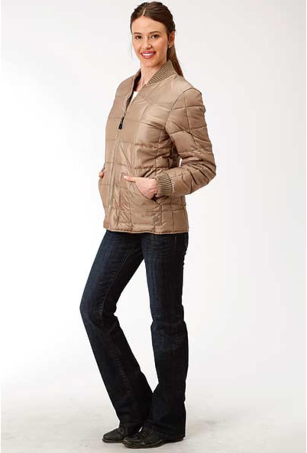 WOMENS BLACK QUILTED POLY FILLED ZIP FRONT JACKET