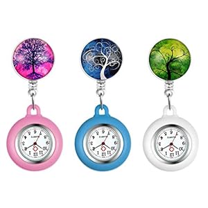 Lancardo 3PCS Retractable Nurse Watch Clip On with Secondhand Stethoscope Lapel Fob Doctor Nurse Watch Magical Tree Pattern Silicone Cover for Women and Men