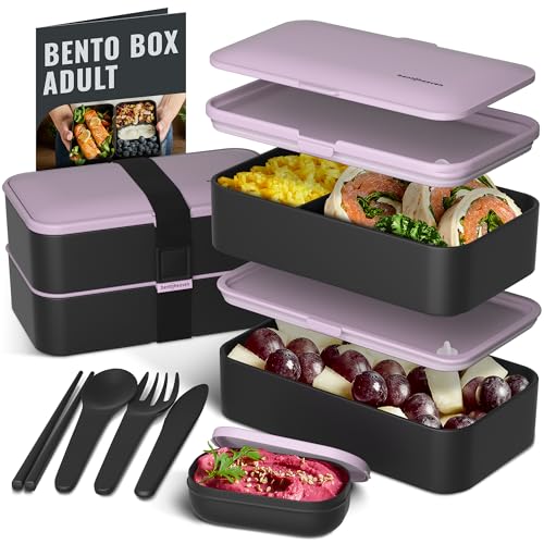 Bentoheaven Premium Bento Box Adult Lunch Box with Compartments for Women & Men, Set of Utensil & Chopsticks & Dip Container, Cute Japanese Kids Bento Lunch Box, Microwavable (Violet Me Go)
