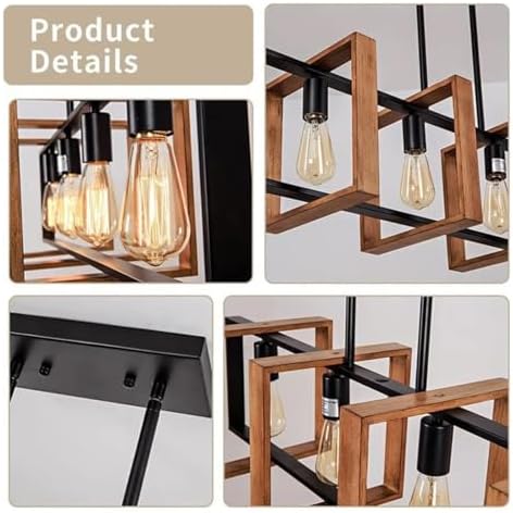 Miniatura 3 de Lámpara colgante industrial de 4 cabezales, luz de mesa de estilo americano retro con madera maciza y hierro, perfecta para decoración de comedor y