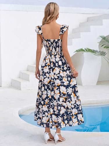 Simplee Womens Summer Floral Sundresses 2026 Sleeveless Casual Smocked Ruffle Spaghetti Strap Boho Maxi Dress Beach Vacation Navy White — view 6