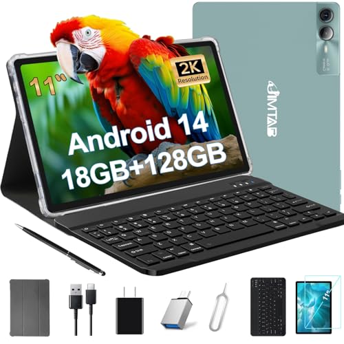 Image of JIMTAB 2K Vivid Tablet, Smooth HD 4K Video 11 inch Android 14 Tablets, 18GB+128GB Octa Core Gaming Tablet, 3 Camera, Large 9000mAh, Hi-Res Stereo 4 Speakers, Split Screen, Face Recognition (Youth Green)