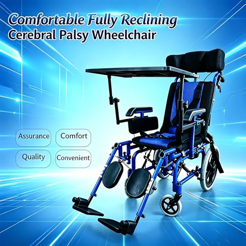 Image of Pediatric Full Reclining Wheelchair, Heavy Duty 220 lbs Capacity Folding Kids Wheelchair, Children's Mobility Wheelchair,Multi-Functional Disabled Children,for Cerebral Palsy (Blue)