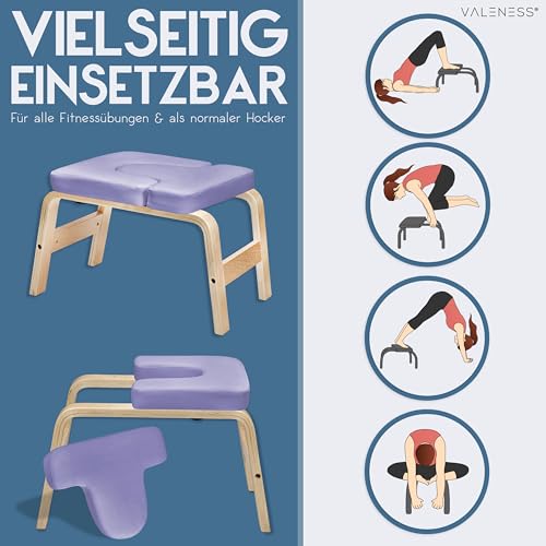 VALENESS® Yoga Kopfstandhocker - Hochwertiger Yoga Hocker inkl. Yogagurt, Yogablock & Übungsposter - Yoga Stuhl zur Handstand-Übung aus massivem Naturholz - Yoga Ausrüstung für Zuhause… (Violet)