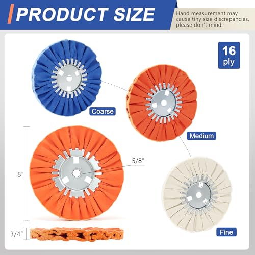 Image of Airway Buffing Wheel Kit 7 PCs (2 White, 2 Orange, 2 Blue) 8 inch Diameter 5 /8 inch Arbor Hole 16 Ply for Angle Grinder 6 Pcs