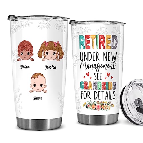 WHIDOBE Personalized Retired Tumbler (3 Kids) Custom Retired Under New Management See Grandkids For Details, Custom Name Tumbler - Funny Retirement Gift For Grandma Women From Grandkids On Mothers Day