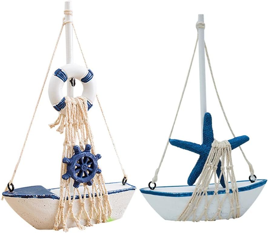 VOSAREA Mini Sailboat Figurine Wooden Sailing Boat Vintage Nautical Wooden Sailboat Decoration Decorative Sailboat Model Nautical Decoration Ocean Marine Artistic Home Decor 2pcs