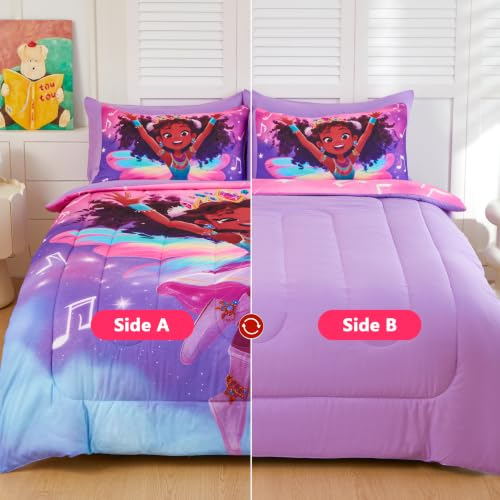 Image of Twin Comforter Set for Girls 5 Piece Black Girl Bedding Set for Girls, Super Soft Microfiber Bed Set African American Princess Bed in a Bag with Comforter & Purple Sheets Pillowcase & Sham