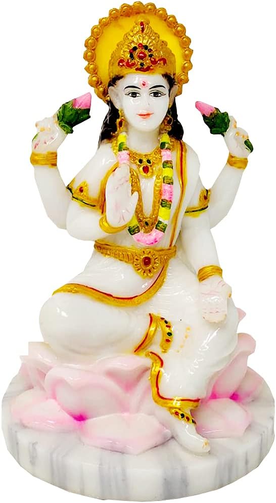 Divine Gifts Maa Laxmi Marble Statue Murti for Pooja Room (White And Gold, 9 Inch)