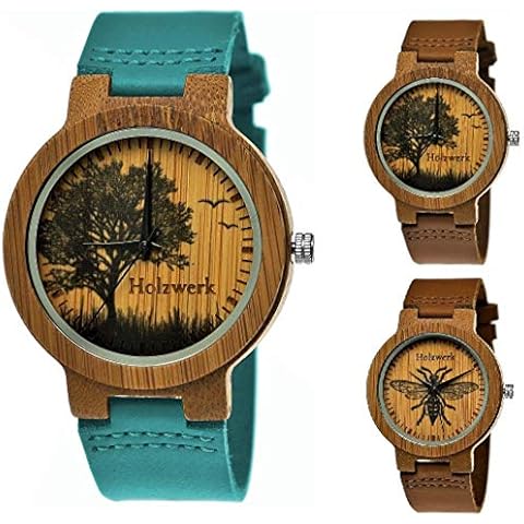Holzwerk Germany Handmade Designer Women's Watch Men's Watch Eco Natural Wood Watch Leather Strap Watch Save The Trees Analogue Classic Quartz Watch Brown Tree Nature Motif Limited Edition Cover