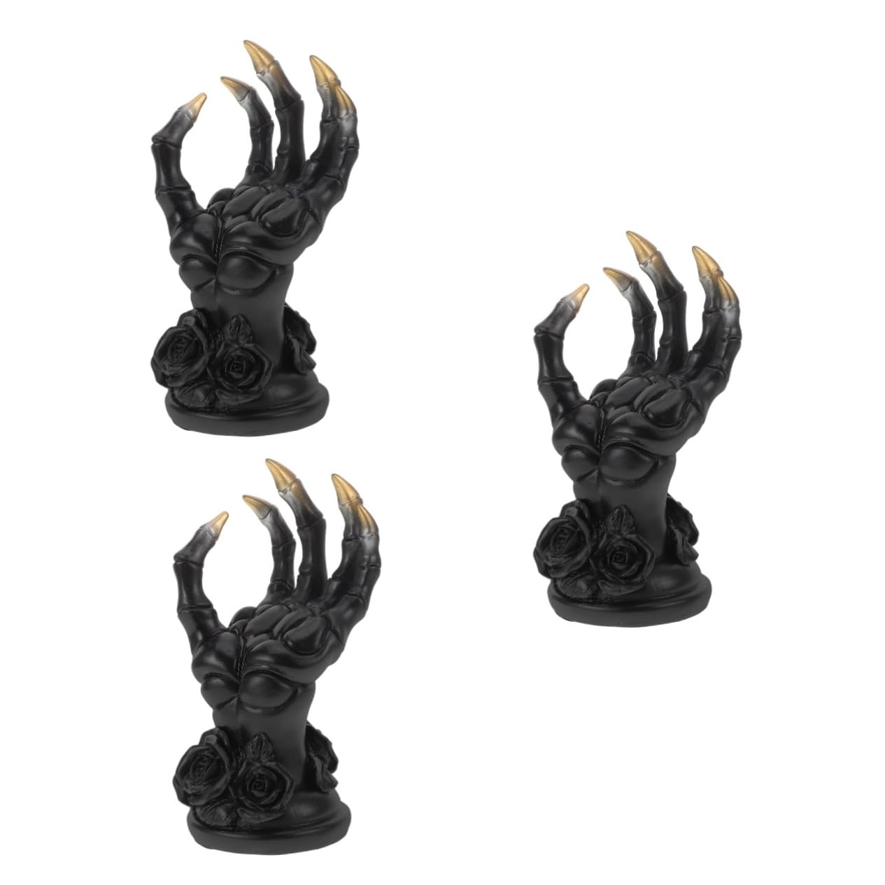 Statue de la main squelette FRCOLOR x3 : porte-bagues gothique noir en résine