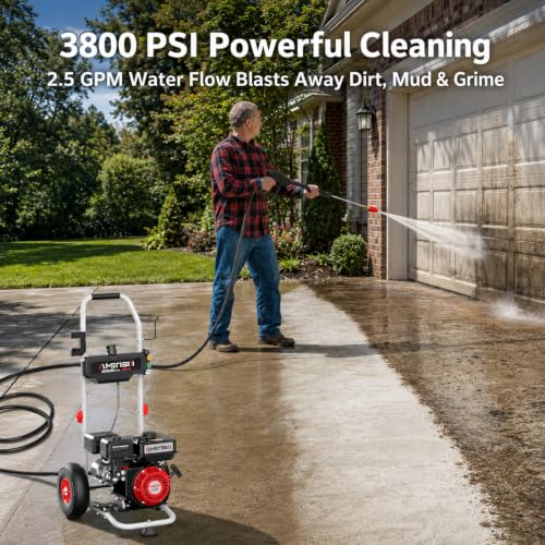 Image of AMERISUN 3800 PSI Gas Pressure Washer 2.5 GPM with 212cc 4-Stroke OHV Engine, 5 Quick-Connect Nozzles & 10 inch Wheels, Heavy Duty Power Washer for Driveways, Cars, Patios, Decks & House Siding