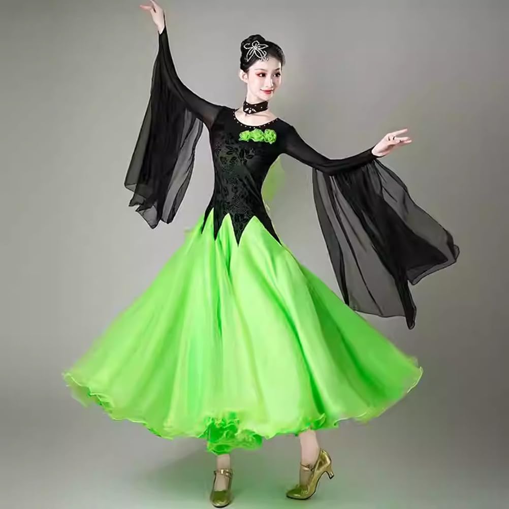 Ballsaal Leistung Tanzkleider Modernes Elegante Tanzkleid Damen Langarm Walzer Tango Tanzkleider Cha-Cha Turnierkleid Dehnbare Tanzkleidung für Frauen Flamenco Kleid
