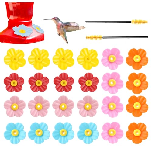 24 Pcs Hummingbird Feeder Replacement Parts Flowers, Bird Feeder Replacement Parts with 2 Cleaning Brush for Outdoor Hanging Feeders 6 Colors