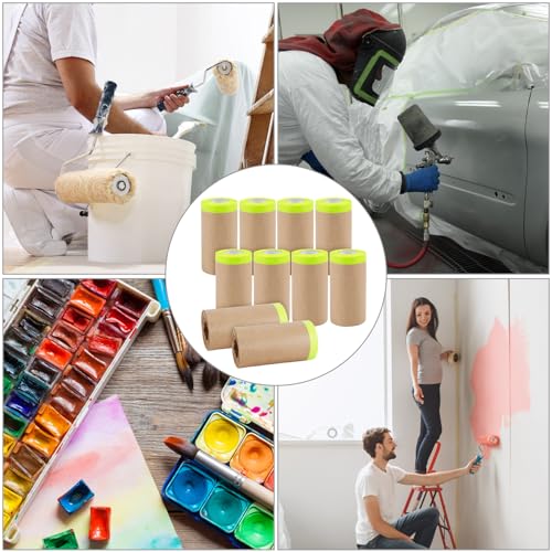 Image of PEUTIER 10 Rolls Pre-Taped Masking Paper, 590x5.9 Inch Paint Masking Tape Adhesive Automotive Painting Covering for Home Furniture Car Body Protection Wall Covering Skirt