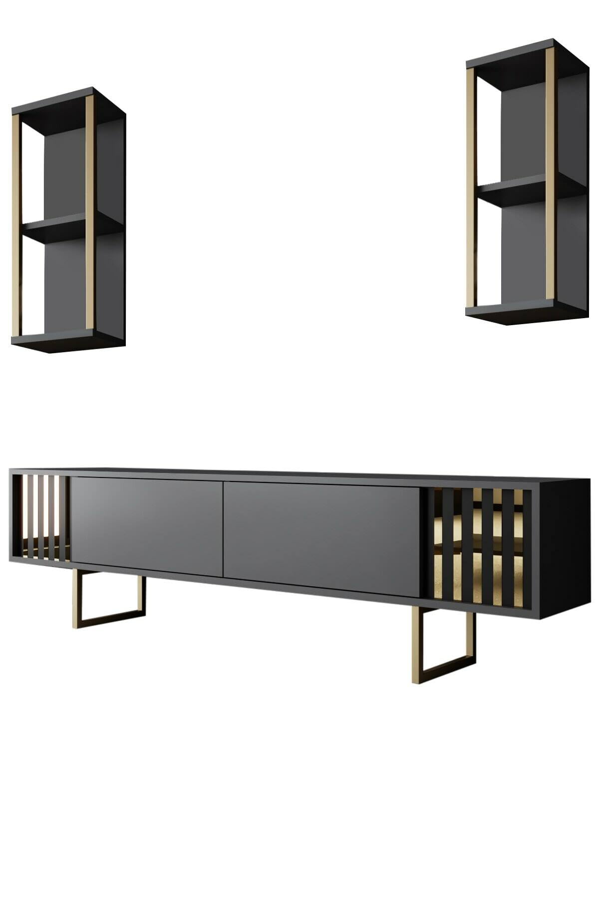 Dmora - Mobile porta TV Eunomia, Credenza da soggiorno, Armadio basso per TV, Base parete attrezzata, 180x30h48 cm, Antracite e Nero