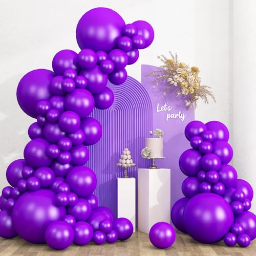 Image of RUBFAC 135pcs Dark Purple Balloons, Latex Royal Purple Balloon Different Sizes 18 12 10 5 Inch for Garland Arch Wedding Masquerade Birthday Party Decorations