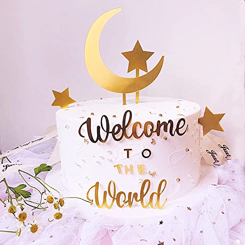 Welcome To The World Cake Topper, Acrylic Alphabet Cake Topper, Curved Moon And Stars Cake Decorations Set For Baby Shower, New Baby Gender Reveal Birthday Party Supplies Cake Decorations, Golden #TOP3