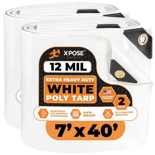 Heavy Duty White Poly Tarp 7' X 40' (2-Pack) - Multipurpose Protective Cover - Durable, Waterproof, Weather Proof, Rip and Tear Resistant - Extra Thick 12 Mil Polyethylene - by Xpose Safety