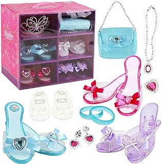 deAO Role play games Princess Jewellery Boutique with 4 Pairs of Shoes, Bracelets, Necklace, Bag, Earrings and Butterfly Shape Crown Tiara Included, Multicoloured