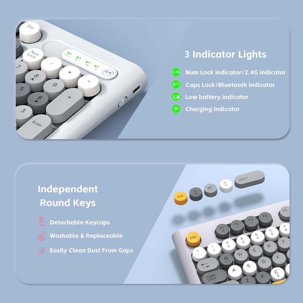 Wireless Keyboard Mouse Combo, Full Size Colorful Round Keycaps Bluetooth Keyboard with Numeric Keypad, Silent 2.4GHz Mouse, Typewriter Computer Keyboard and Mouse Set for Laptop, PC, Windows (Green)