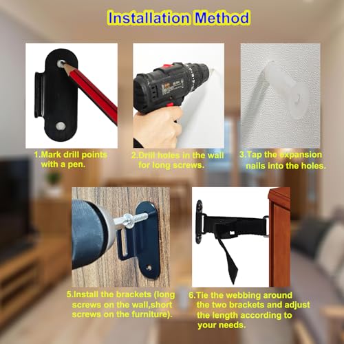 OKE Anti Tip Furniture Anchors (Pack of 2),Heavy Duty Furniture Wall Anchor,Adjustable Earthquake Straps,Furniture Anchors for Baby Proofing,Black - Thumbnail 6