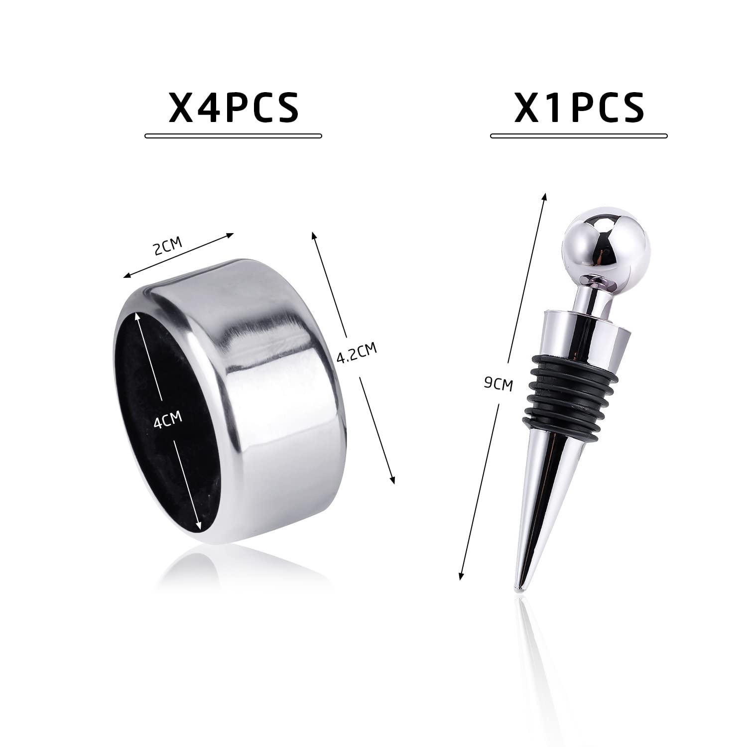 4 Anillos De Gota De Vino Y 1 Tapón, Acero Inoxidable, Collar Para Botella, A Prueba De Fugas - Accesorios Para Familias, Bar, Restaurantes