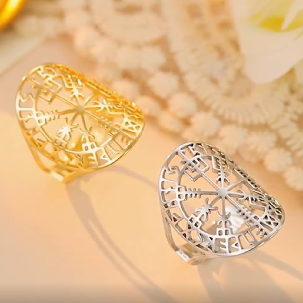 Vegvisir Symbol Viking Ring Pirate Compass Rings for Men Women Norse Rune Valknut Odin Adjustable Stainless Steel Jewelry