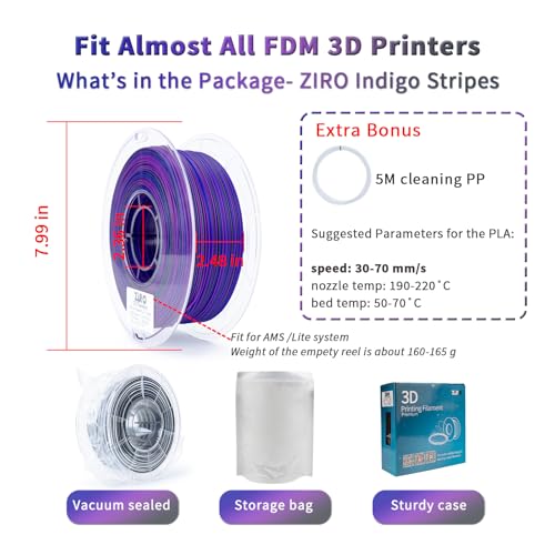 Image of ZIRO Rapid Color Changing PLA, Matte Twist Effect Multi-Color Filament 1.75mm, Dyanmic Rainbow 3D Printer Filament, Fast Color Change Matte PLA Stripes Series, Fit Most 3D Printer,1KG Indigo Stripes