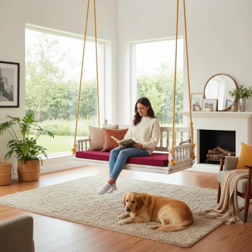 Image of APRODZ Swing for Home Reversible Sheesham Wooden Jhula for Adult for Home | Wooden Swing for Balcony | Hanging Swings with Brass Coated Chain | Patio 3 Seater Indoor /Outdoor, White
