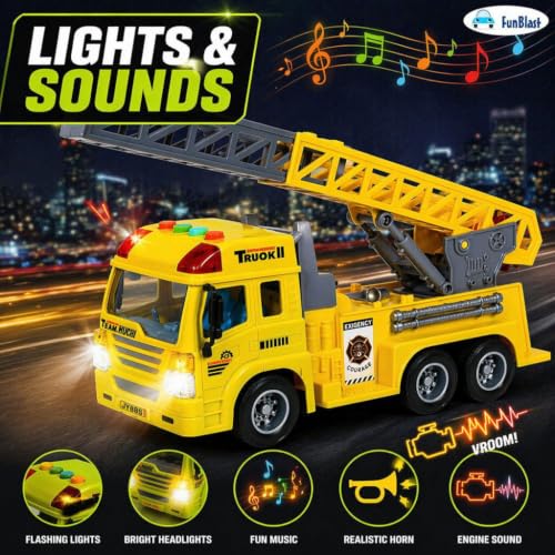 Image of FunBlast Fire Rescue Truck Toy - Realistic City Fire Engine with Light, Sound & Water Spray, Friction Powered Fire Truck Vehicle Toy for Kids Boys & Girls Age 3+ (Yellow)