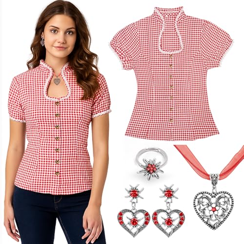KKSJK Trachtenbluse Damen, Bluse Rot Weiss Kariert Damen (DE/NL/SE/PL, Numerisch, 44, Regular, Regular)