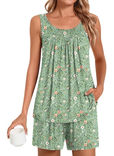 Image of POPYOUNG Pajama Set for Women Summer 2 Piece Lounge Shorts Sets Sleepwear | Womens Pajama Sets Cooling pijamas de mujer for Summer with Pockets Sleeveless Nightwear Outfits Pjs Shorts Set