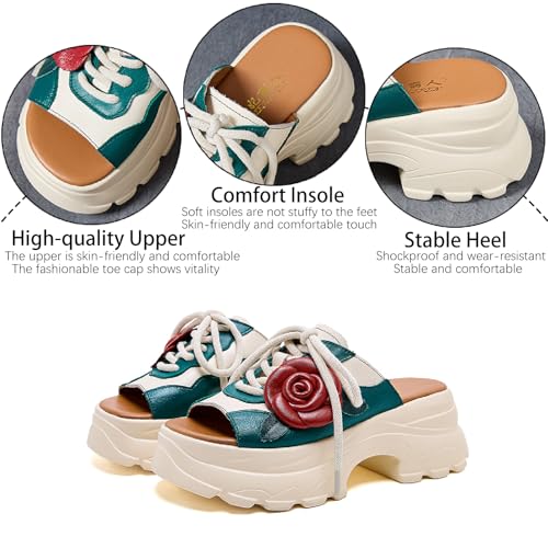 Women's Genuine Leather Flowers Platform Slides Sandals Retro Lace Up Comfortable Open Round Toe Slip-on Chunky Increase Height Slippers Anti-slip Lug Sole Summer Walking Sandals3