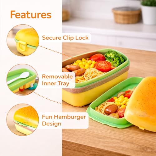 Image of WISHKEY Rectangle Shaped Burger Lunch Box for Kids, Three Compartments for Boys & Girls 3 Containers Lunch Box (900 ml)
