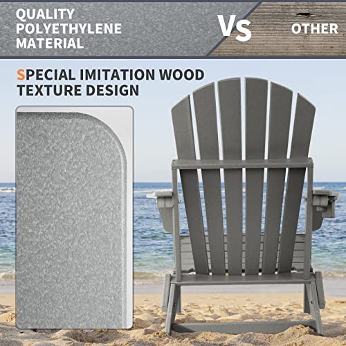 Funberry Folding Adirondack Chair Set Of 4, Fire Pit Chairs, Plastic Adirondack Chairs Weather Resistant With Cup Holder, Composite Adirondack Chairs, Grey #TOP4